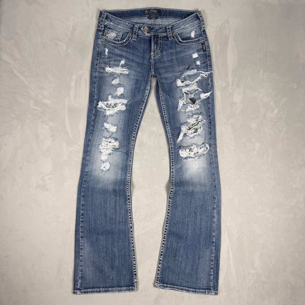 Y2K Womens Silver Jeans Tuesday Distressed Lace Inlay Bootcut Jeans Size 29